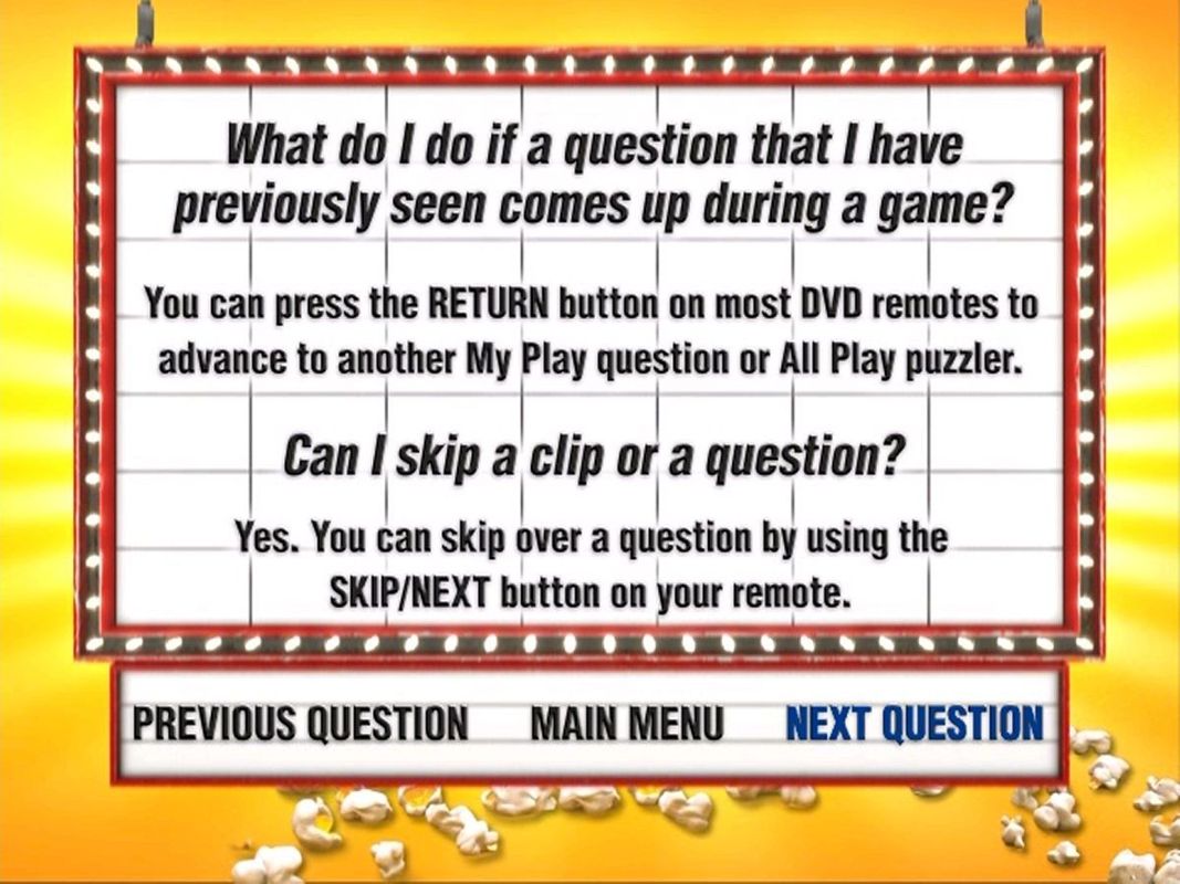 Scene It?: Comedy Movies (DVD Player) screenshot: The 'Help' option on the main menu addresses some common problems. It is not interactive