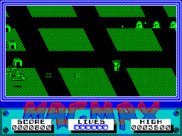 MagMax (ZX Spectrum) screenshot: Here I am losing my head by colliding with a house