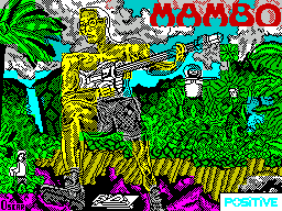 Mambo (ZX Spectrum) screenshot: Load screen. The coloured screen is only displayed very briefly, then it degenerates into a black and yellow version