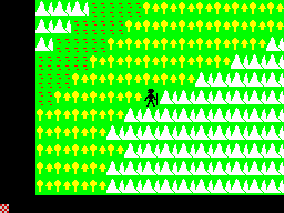 Mandragore (ZX Spectrum) screenshot: The game commences The game map is quite large and full versions are available on line. it boasts five types of terrain. The white ones are mountains and are impassible