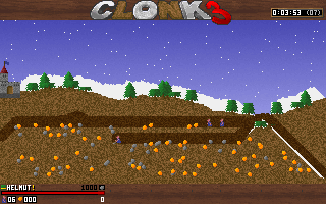Clonk 3: Radikal (DOS) screenshot: Mining for gold while snow is covering the landscape.