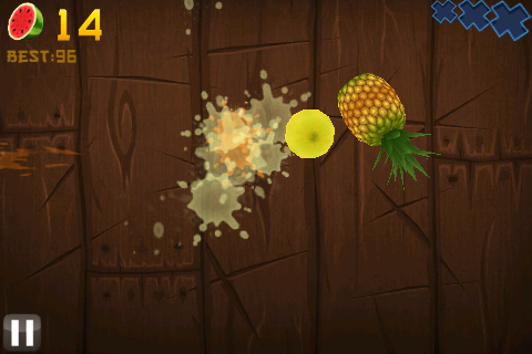 Fruit Ninja (iPhone) screenshot: More fruits are tossed as you get a higher score
