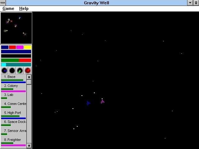 Gravity Well (Windows 3.x) screenshot: When two fighters meet in space they immediately start shooting. The flight model here is very similar to Asteroids