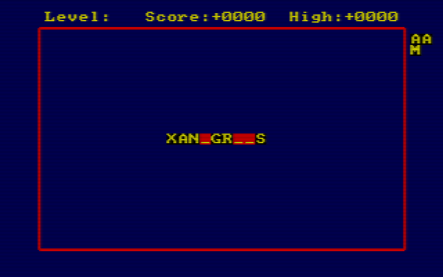 Xanagrams (Amstrad CPC) screenshot: After the game load screen has cleared the title screen is built. The game completes the word XANAGRAMS letter by letter making a little beep sound as each letter is placed