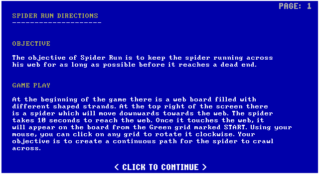 Spider Run (DOS) screenshot: The game's documentation can be accessed as a WORD document or in-game via the help option