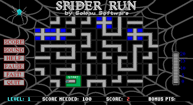 Spider Run (DOS) screenshot: The start of a game. The spider starts in the green cell and the player must rotate the path in adjacent cels to build a road for it