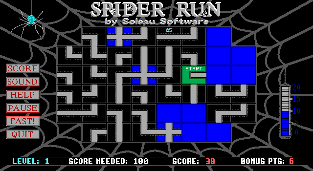 Spider Run (DOS) screenshot: Game Over! Solid blue squares are paths that the spider has travelled through, they can't be reused. The spider moved off the bottom of the screen and has reappeared at the top where there's no path