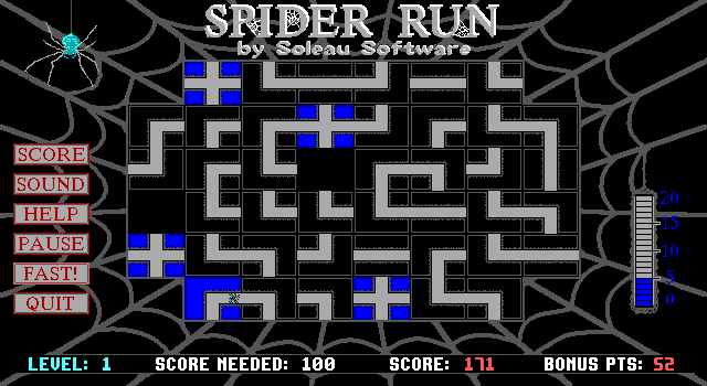 Spider Run (DOS) screenshot: The spider has re-entered the game area from the bottom and all cells have been reset. However there are now two blank cells