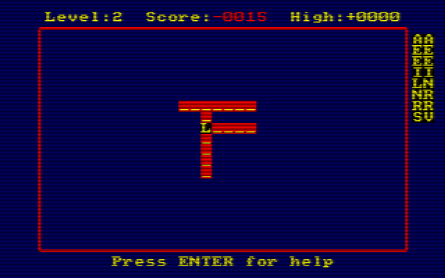 Xanagrams (Amstrad CPC) screenshot: Having tried a few letters in this position I asked the game to reveal the correct letter - that cost lots of points