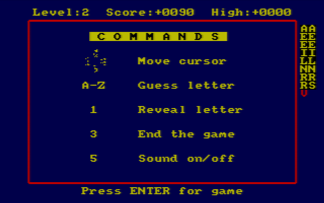Xanagrams (Amstrad CPC) screenshot: The game does have a basic help screen which shows what the keys are, but there's no hints on strategy