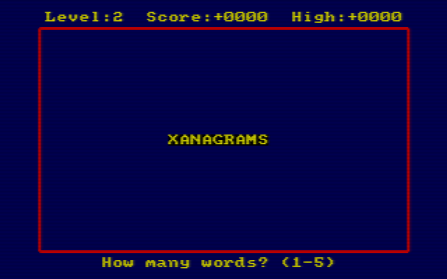 Xanagrams (Amstrad CPC) screenshot: The game then prompts the player for the level of difficulty and the number of words. This game is played at difficulty level 2, senior school child, and with three words