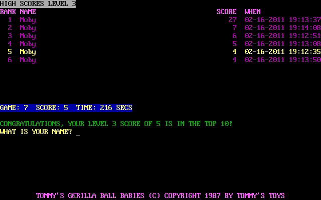 Tommy's Gorilla Ball Babies (DOS) screenshot: The game records the top ten scores for each level of difficulty