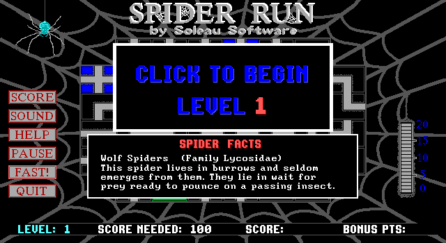 Spider Run (DOS) screenshot: The game's menu follows the developers company logo and a reminder that the game is shareware. A different 'spider fact' is displayed each time the player returns here