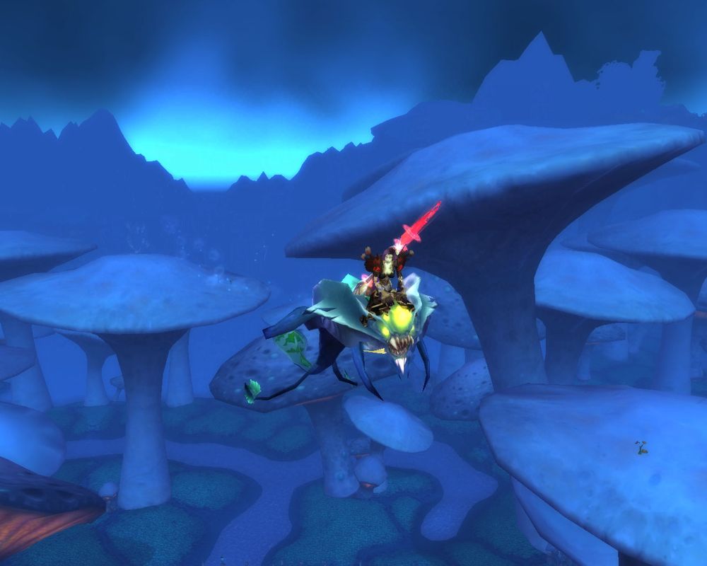 World of WarCraft: The Burning Crusade (Windows) screenshot: An undead warlock takes to the skies on one of the new flying mounts