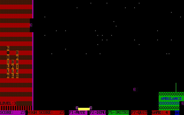 Tommy's Gorilla Ball Babies (DOS) screenshot: A successful bounce! The net is in a lower position following a good catch. It looks as though a second bounce will be needed
