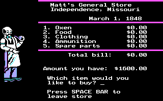 The Oregon Trail (DOS) screenshot: The Shop (CGA w/RGB Monitor)