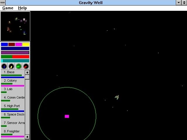 Gravity Well (Windows 3.x) screenshot: This is a yellow ship. It's buzzing around landing on unoccupied planets and claiming them. Note the need to apply thrust to counter gravity when landing
