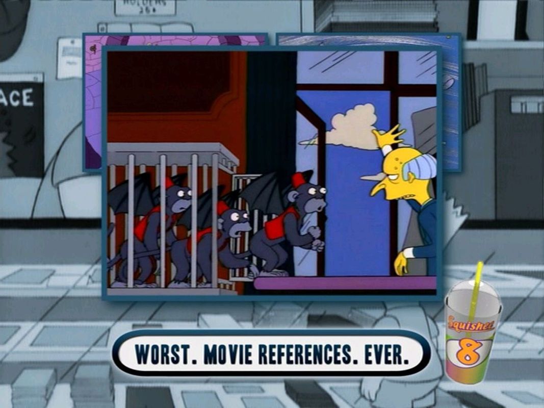 Scene It?: The Simpsons (DVD Player) screenshot: Here four stills from a show are shown, two are already present in the background, and the players have to identify the film being parodied