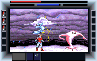 CyberGenic Ranger: Secret of the Seventh Planet (DOS) screenshot: Kill the blue creatures while avoiding the pink tornado baddies to collect gifts