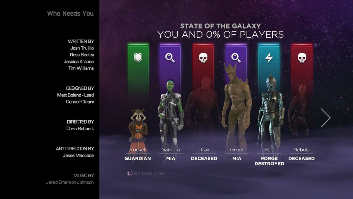 Marvel Guardians of the Galaxy: The Telltale Series - Episode 4: Who Needs You (PlayStation 4) screenshot: State of the galaxy at the end of episode 4