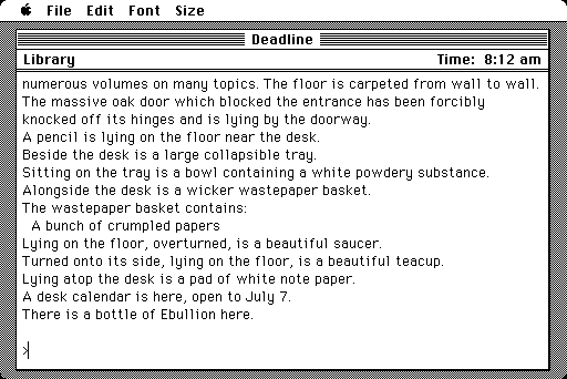 Deadline (Macintosh) screenshot: The crime scene in the Library