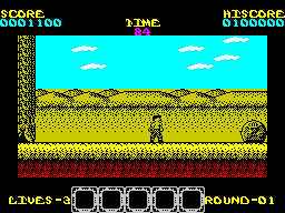 Rygar (ZX Spectrum) screenshot: Round stones appear and can be smashed to reveal diamonds and other goodies