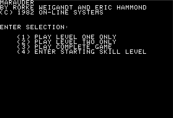 Marauder (Apple II) screenshot: Menu screen
