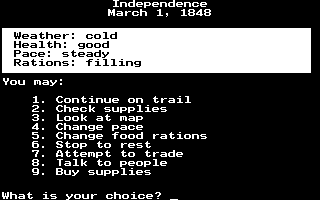 The Oregon Trail (DOS) screenshot: Choices, choices... (CGA w/RGB Monitor)