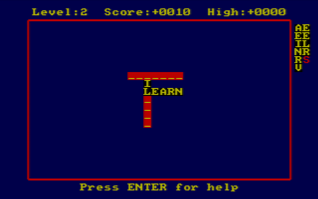 Xanagrams (Amstrad CPC) screenshot: A vowel must surely come before the letter 'L' and after trying A & E it's the I that fits.