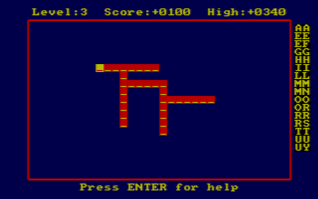 Xanagrams (Amstrad CPC) screenshot: This is a five word game on the highest difficulty setting. The words are noticeably longer