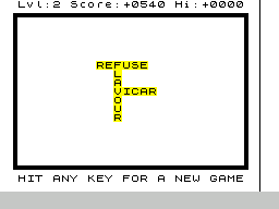 Xanagrams (ZX Spectrum) screenshot: The grid is now complete. Pressing any key takes the player back top the beginning where the choices of difficulty level and number of words are re-presented