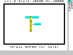 Xanagrams (ZX Spectrum) screenshot: The first word is now complete. I'm looking for a letter to follow the V to help complete the second word. A is highlighted because it has been tried and is wrong