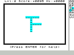 Xanagrams (ZX Spectrum) screenshot: When the player guesses a letter incorrectly the game deducts 5 points The letters that have been tried are highlighted on the right. Here I tried O & L at the start of a word ...