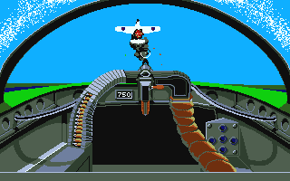 Their Finest Hour: The Battle of Britain (Atari ST) screenshot: Shooting from the dorsal gunner the fighter is on fire and about to explode.