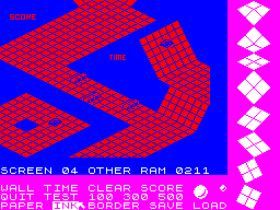 Marble Madness Construction Set (ZX Spectrum) screenshot: Selecting the 'Ink' option from the lower menu changes the tile colour