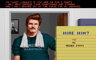 ABC Wide World of Sports Boxing (DOS) screenshot: "Legs" Longley specializes in Conditioning and Stamina.
