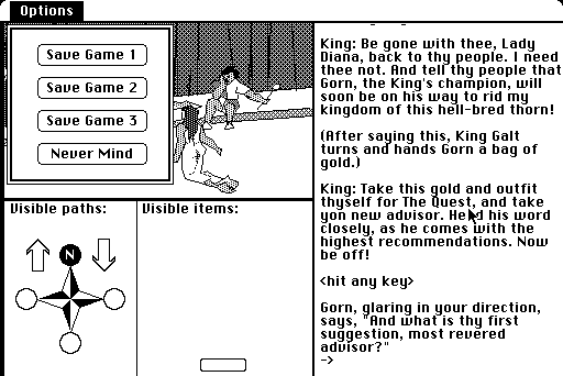 The Quest (Macintosh) screenshot: Game save option has only 3 slots
