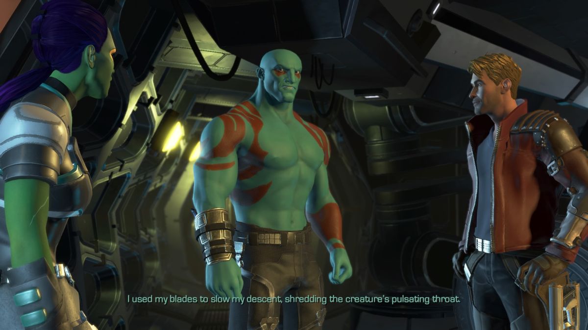 Marvel Guardians of the Galaxy: The Telltale Series - Episode 5: Don't Stop Believin' (PlayStation 4) screenshot: Drax explaining how he defeated the giant worm