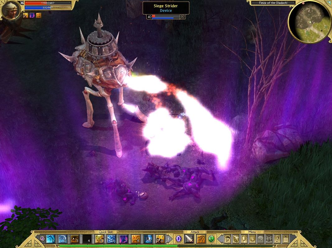 Titan Quest: Immortal Throne (Windows) screenshot: Their encampment is surrounded by a purple wall of some kind.