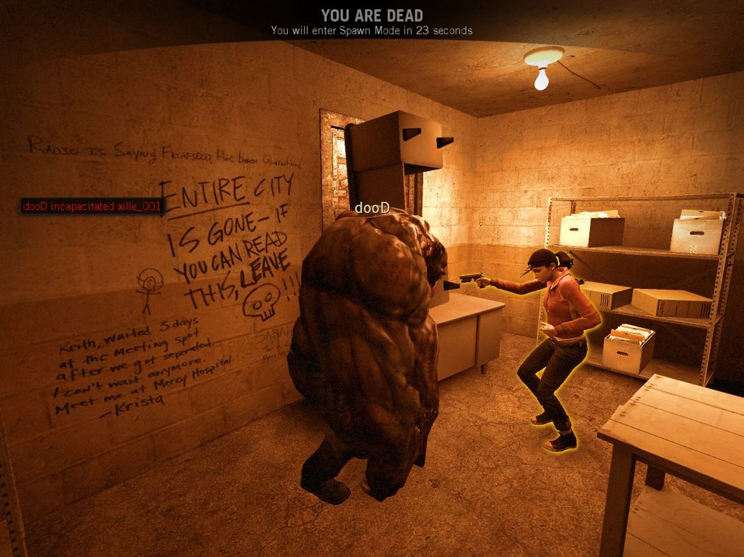 Left 4 Dead (Windows) screenshot: "WHY DID YOU OPEN THE DOOR?!" - Tank in the safe room! (versus mode)