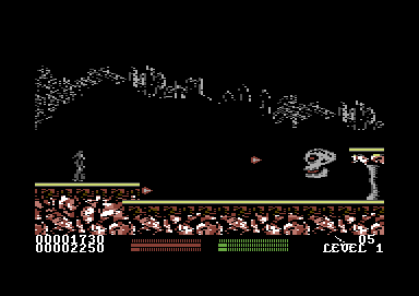 Stryker in the Crypts of Trogan (Commodore 64) screenshot: Presumably the first boss: a giant flying skull that shoots fire balls.