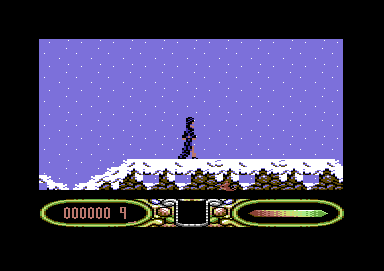 Elvira: The Arcade Game (Commodore 64) screenshot: Elvira is really tough, walking around like this in heavy snowfall.