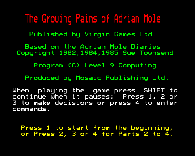 The Growing Pains of Adrian Mole (BBC Micro) screenshot: Title screen.