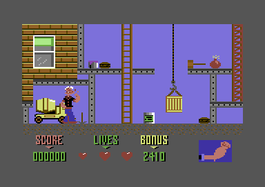 Popeye 2 (Commodore 64) screenshot: First level: the construction site
