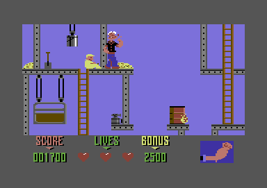 Popeye 2 (Commodore 64) screenshot: Be careful that Swee'Pea does not fall off the edge.