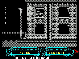 RoboCop 3 (ZX Spectrum) screenshot: The game starts as a 1st person shooter. Bad guy in the window. More to the right - indicated by red arrow. Messages like 'Alert Windows' and Alert Right' also help