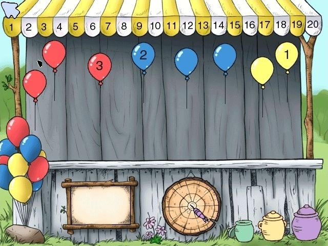 Disney's Winnie the Pooh: Kindergarten (Windows) screenshot: Balloon Game: A random number of balloons are released and the player must click every one, any order, until all have been counted