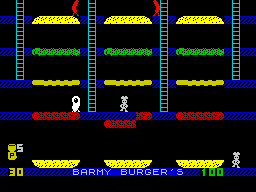 Barmy Burgers (ZX Spectrum) screenshot: This is how the game should be played. By walking over the beef patty the player causes it to fall onto the burger ...