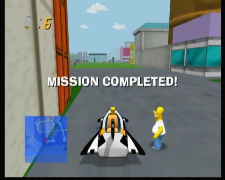 The Simpsons: Road Rage (Xbox) screenshot: Dad's back at work, the boss didn't catch him, and everyone suddenly feels S-M-A-R-T.