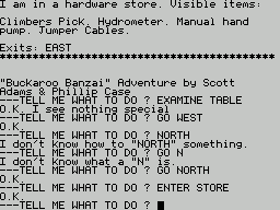 The Adventures of Buckaroo Banzai: Across the Eighth Dimension (ZX Spectrum) screenshot: I've gone North, after working out how to enter a command, and I'm in a hardware store